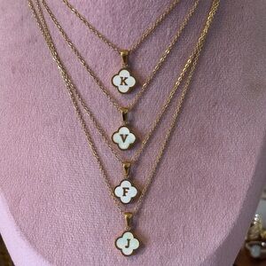 14k GP Mother of Pearl Clover initial Charm Necklace.